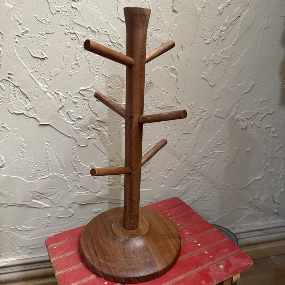 Hearth and Hand Magnolia Wood Mug Holder Stand Tree 6 Pegs for Mugs 15" X 7"
